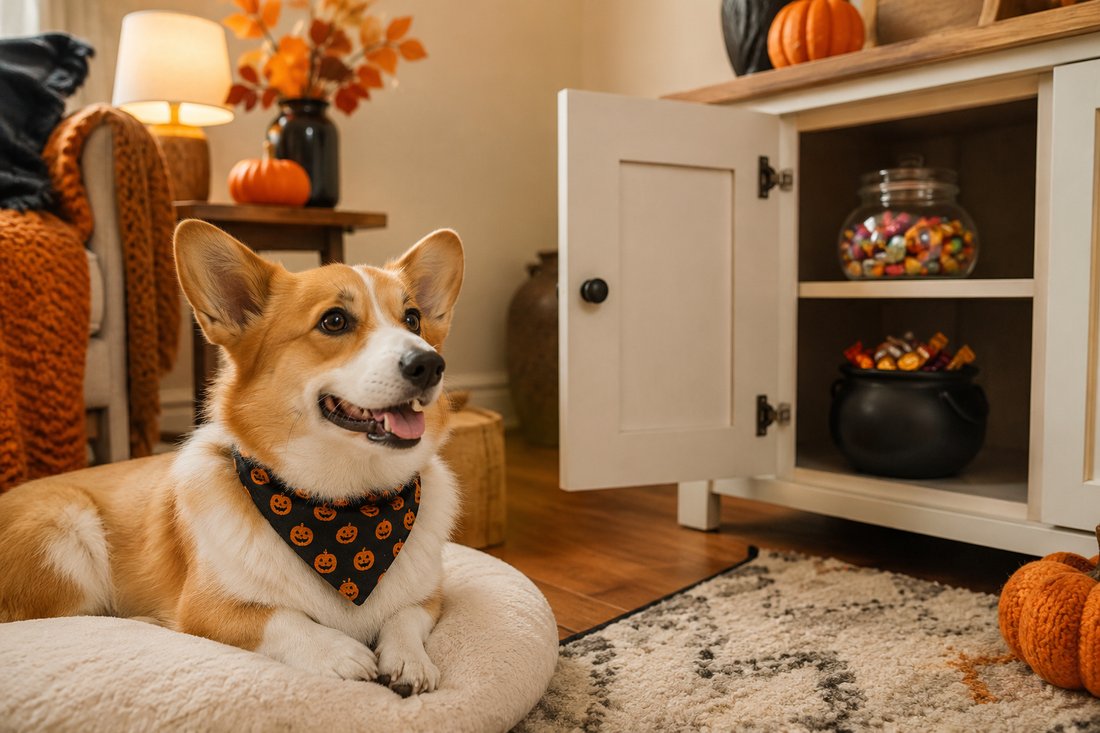 Corgi wearing a simple Halloween bandana in a calm home while candy is stored safely out of reach