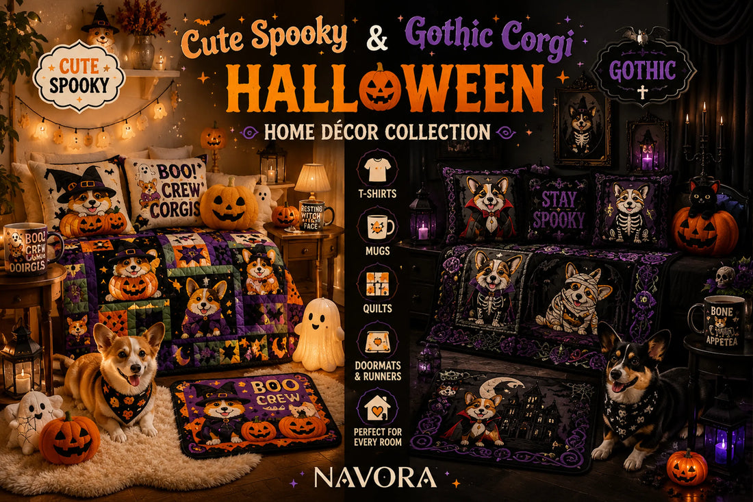 Cute Spooky and Gothic Corgi Halloween rooms shown side by side