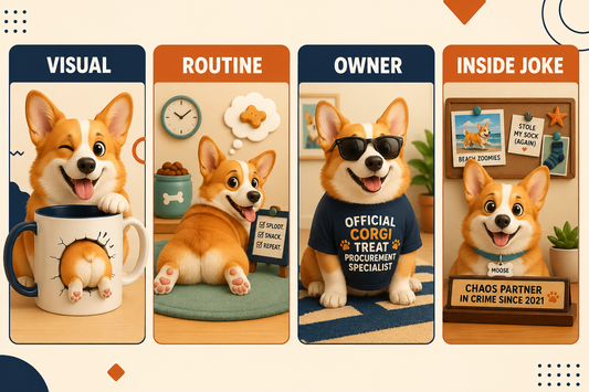 Funny Corgi design adapted for a mug, T-shirt and desk accessory