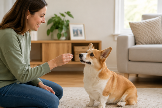 Owner using reward-based training to teach a Corgi calm attention