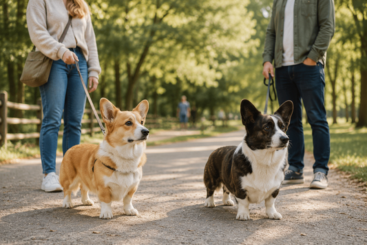 Pembroke and Cardigan Corgis calmly observing their surroundings with space from triggers