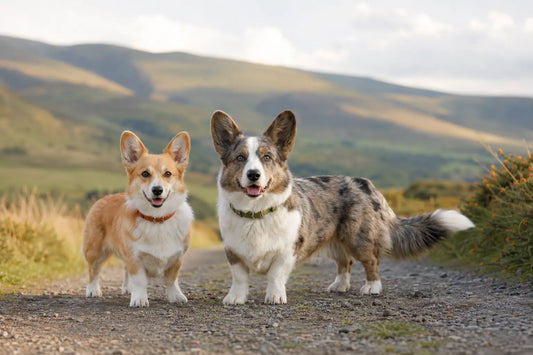 Pembroke and Cardigan Welsh Corgis standing side by side
