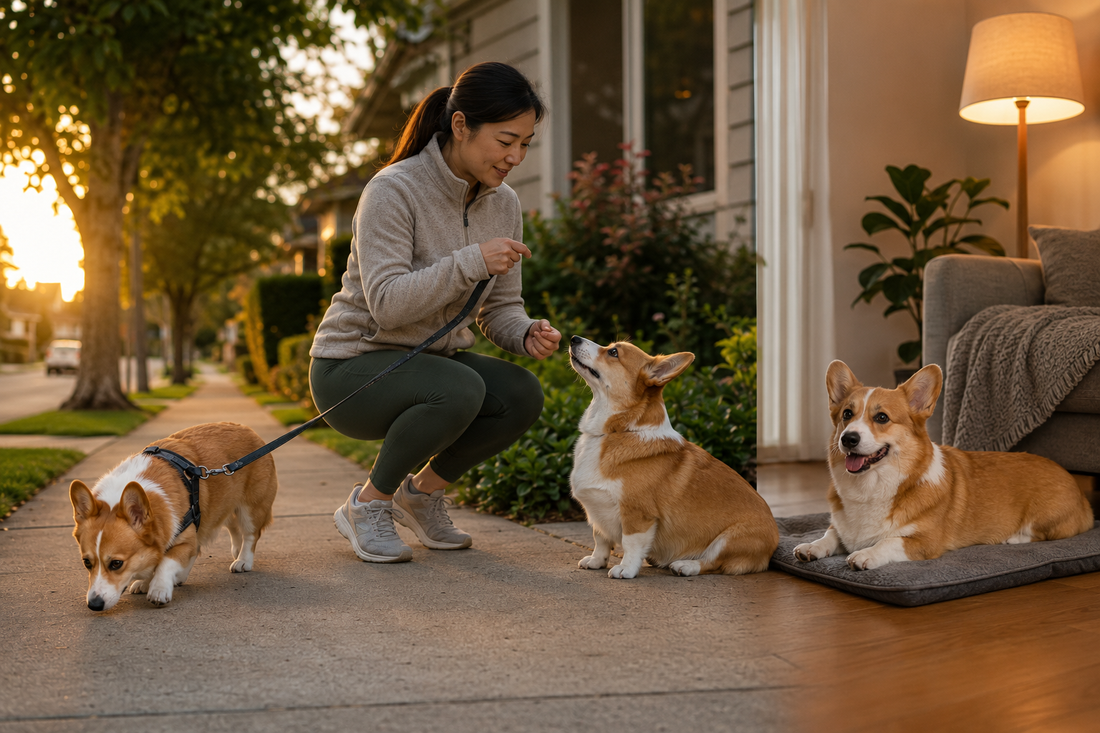 Pembroke and Cardigan Welsh Corgis together on a neighborhood walk