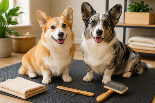 Pembroke and Cardigan Welsh Corgis with a simple double-coat grooming kitd routine health checks