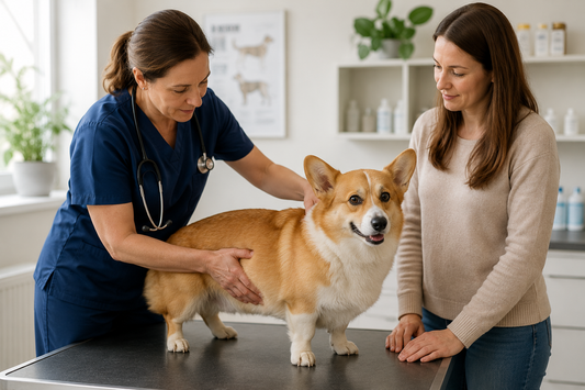 Veterinary professional assessing a Corgi’s body condition