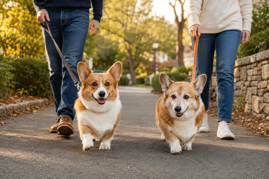 Adult and senior Corgis on a relaxed walk with their family