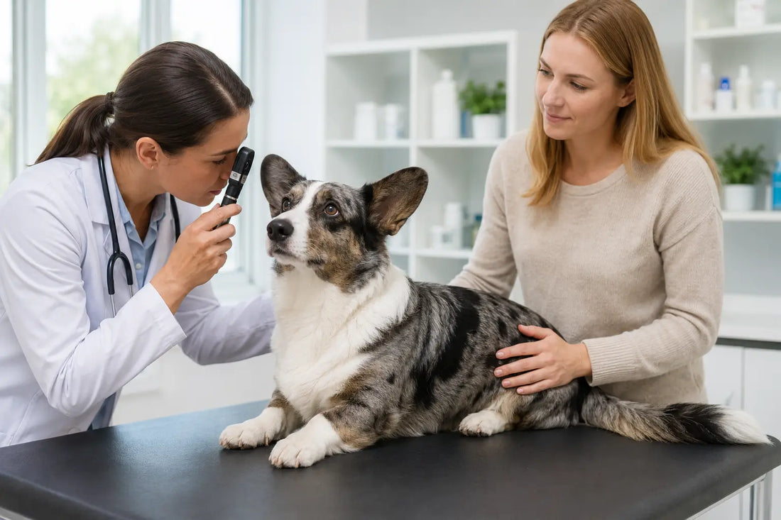Pembroke and Cardigan Welsh Corgis receiving a calm veterinary health examination