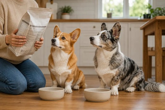 Pembroke and Cardigan Corgis beside unbranded food while an owner checks the label