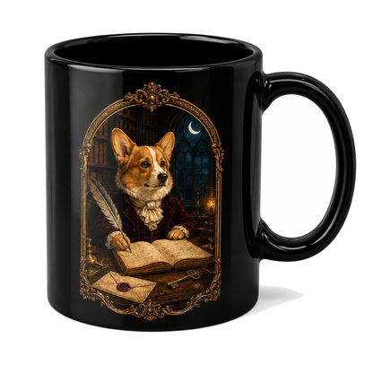 Gothic Scholar Corgi Mug – Dark Academia Gift for Readers
