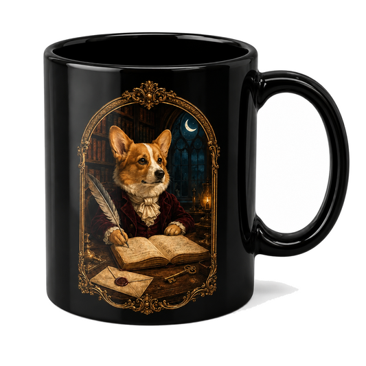 Gothic Scholar Corgi Mug – Dark Academia Gift for Readers