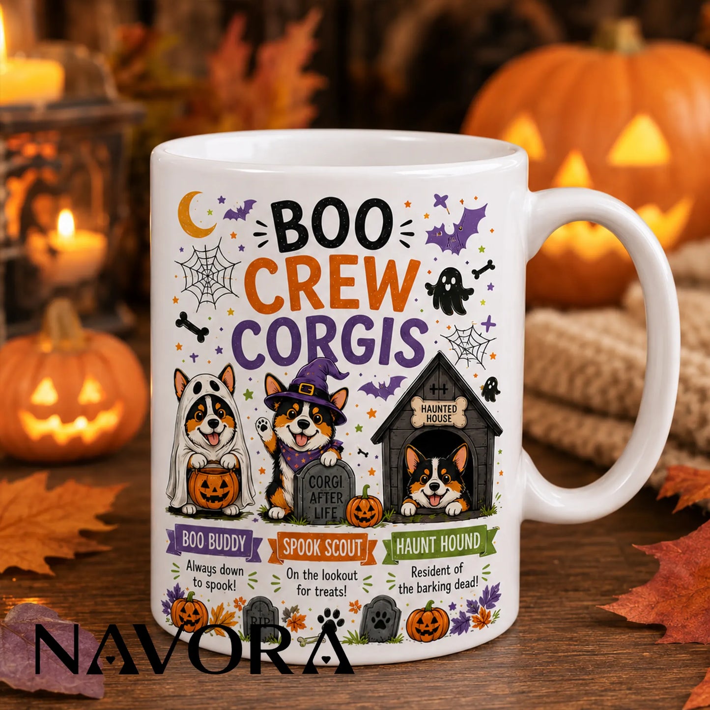 Black Boo Crew Corgi Halloween mug with ghost, witch, pumpkins, bats, and haunted doghouse design
