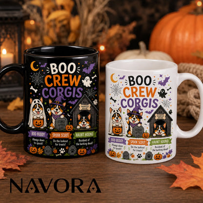 Black Boo Crew Corgi Halloween mug with ghost, witch, pumpkins, bats, and haunted doghouse design