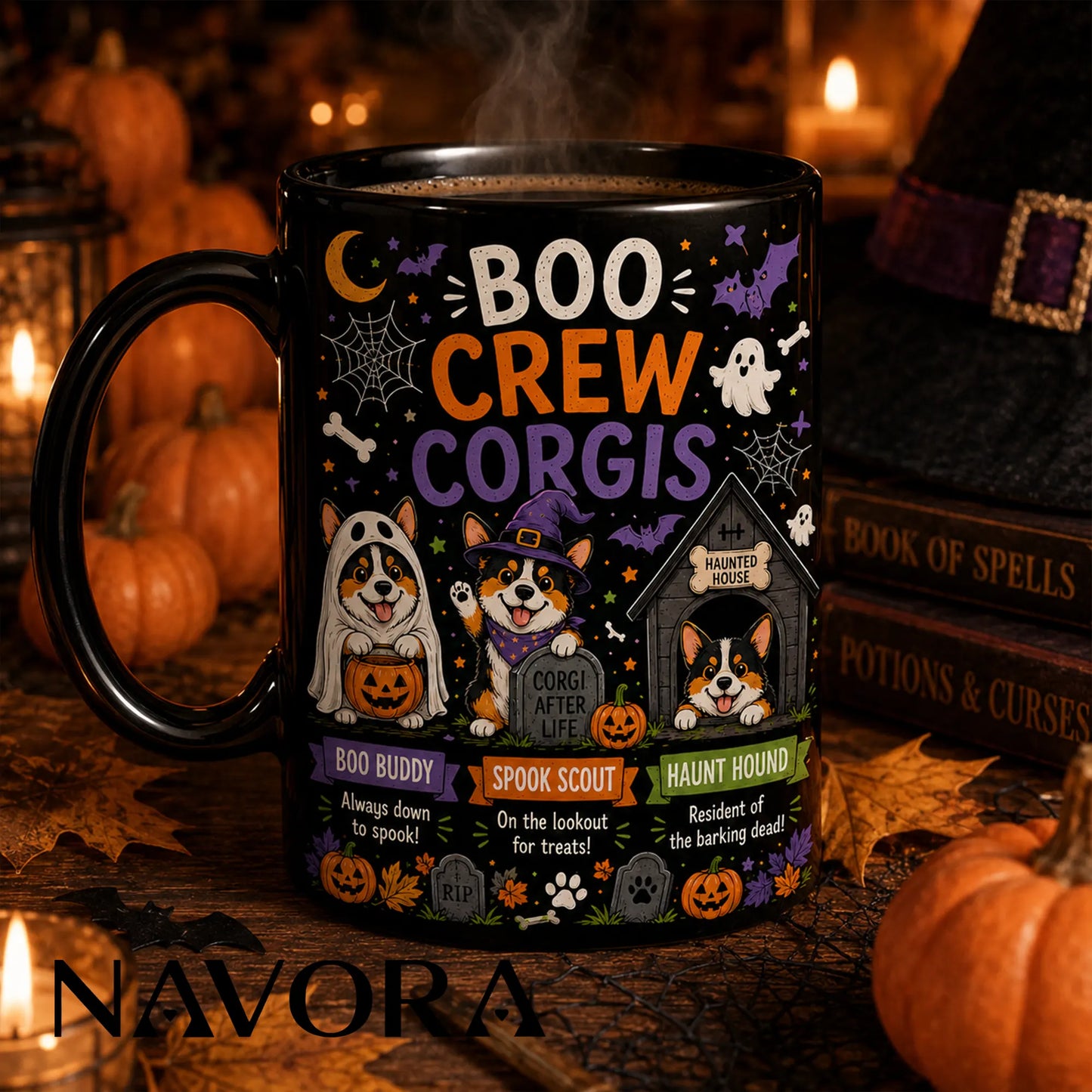 Black Boo Crew Corgi Halloween mug with ghost, witch, pumpkins, bats, and haunted doghouse design