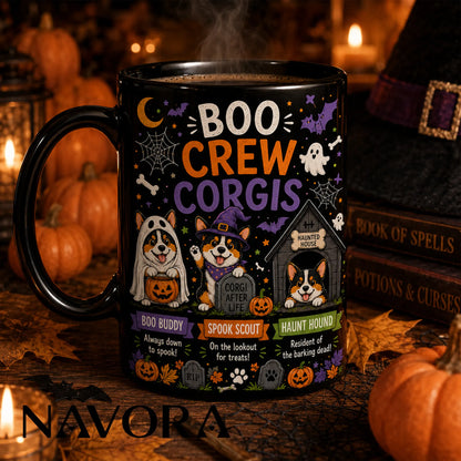 Black Boo Crew Corgi Halloween mug with ghost, witch, pumpkins, bats, and haunted doghouse design
