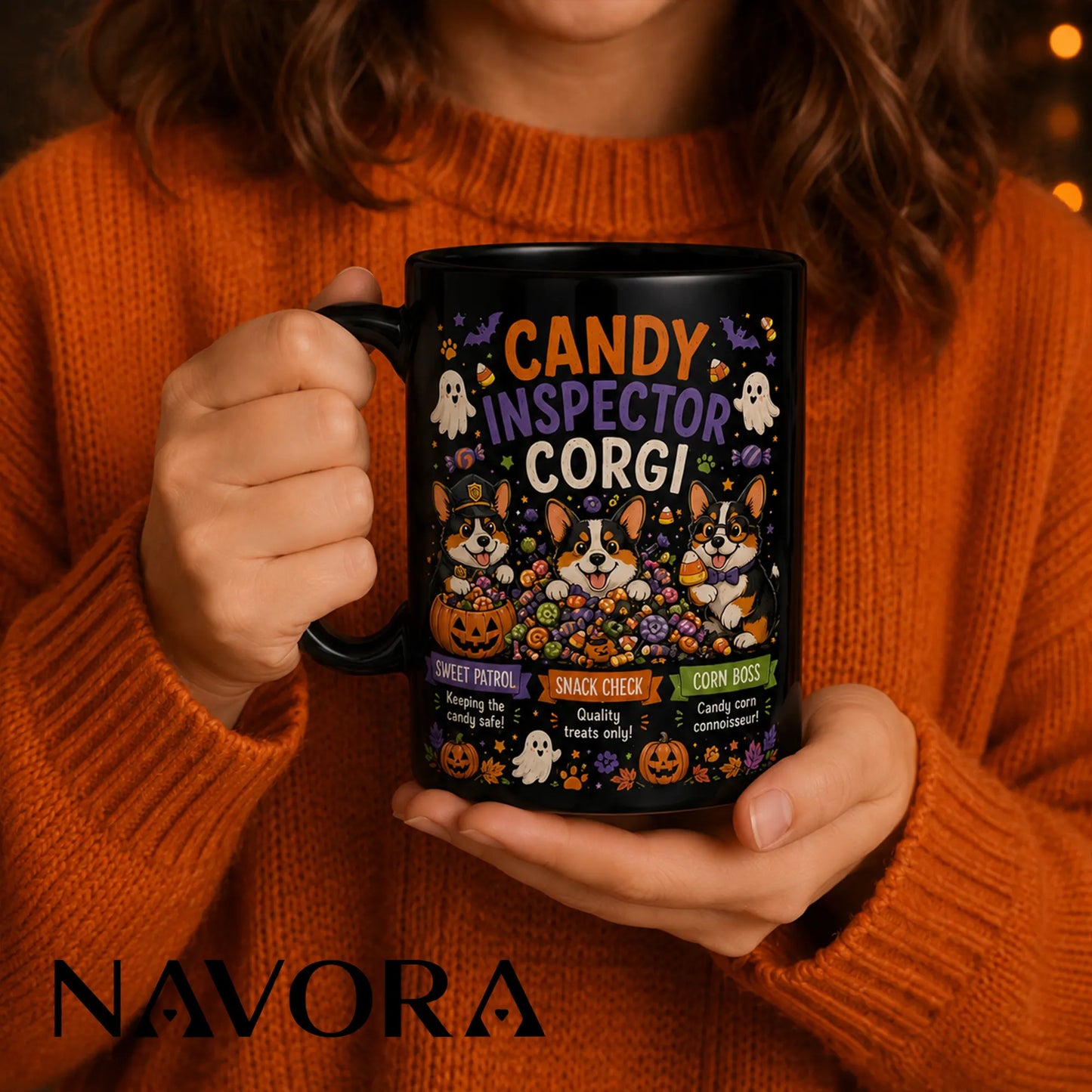 Black Candy Inspector Corgi Halloween mug with three dogs, candy corn, ghosts, pumpkins, and colorful treats