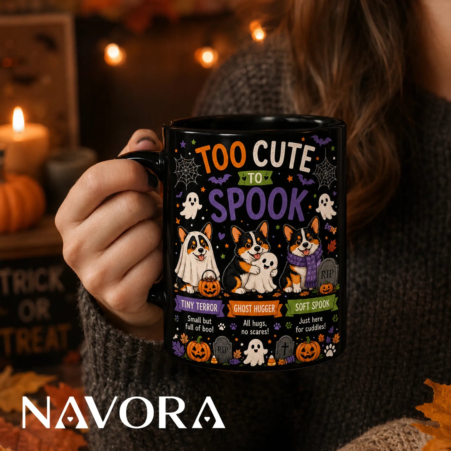 Black Corgi Halloween mug with Too Cute to Spook ghost and pumpkin design