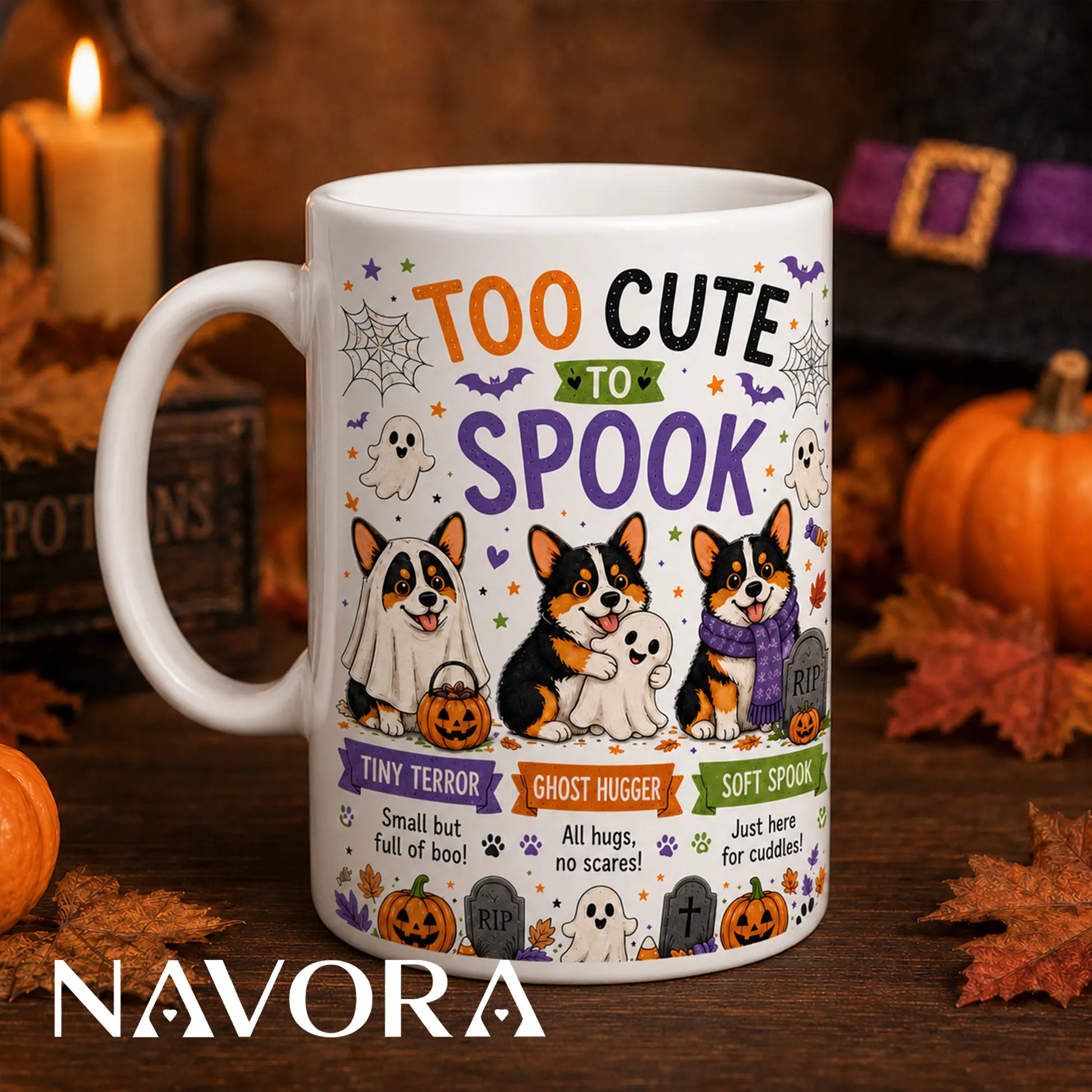 Black Corgi Halloween mug with Too Cute to Spook ghost and pumpkin design