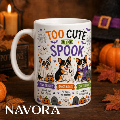 Black Corgi Halloween mug with Too Cute to Spook ghost and pumpkin design
