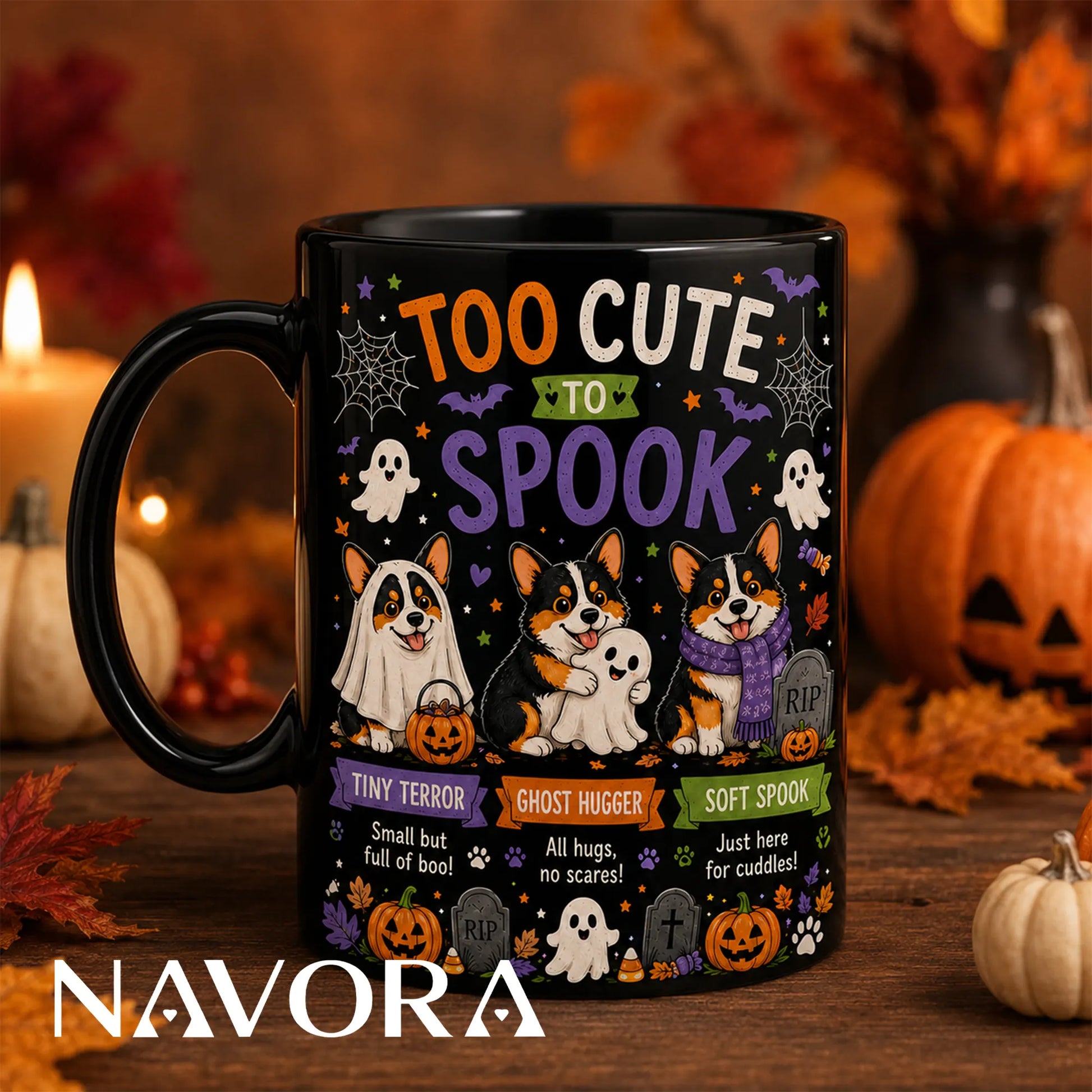 Black Corgi Halloween mug with Too Cute to Spook ghost and pumpkin design