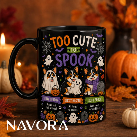 Black Corgi Halloween mug with Too Cute to Spook ghost and pumpkin design