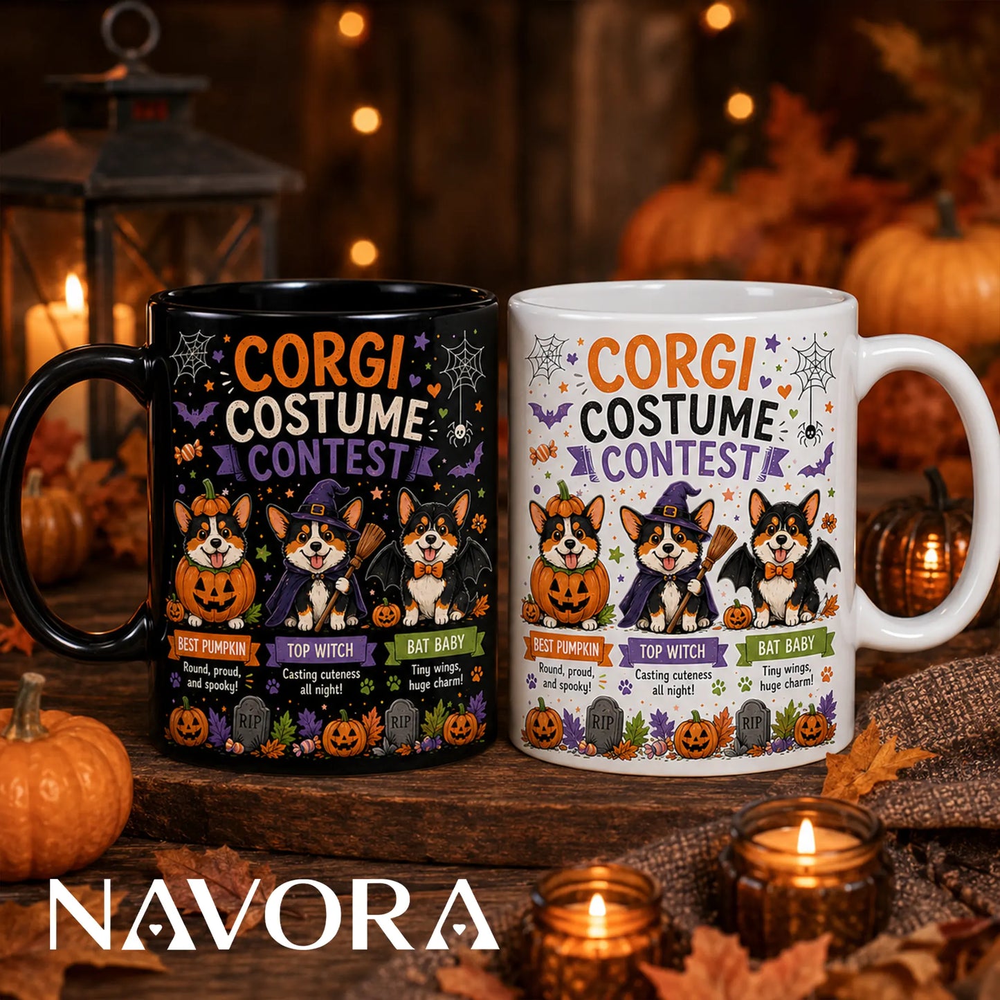 Black Corgi Halloween mug with pumpkin, witch, and bat costume contest design
