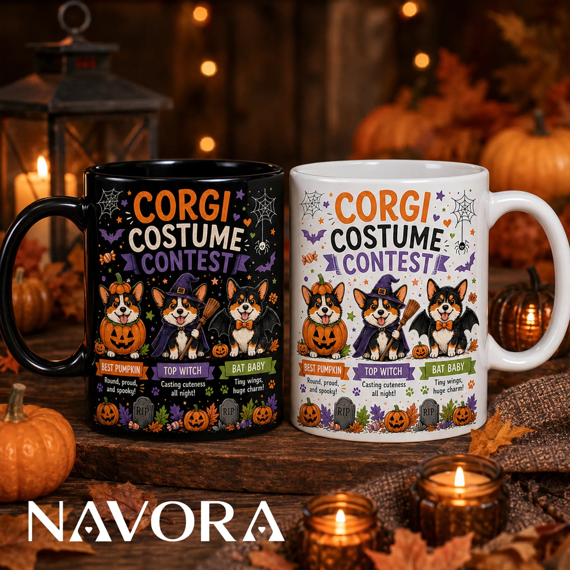 Black Corgi Halloween mug with pumpkin, witch, and bat costume contest design
