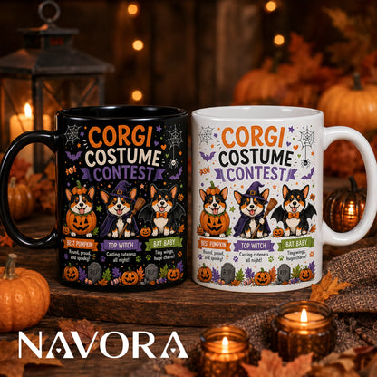 Black Corgi Halloween mug with pumpkin, witch, and bat costume contest design