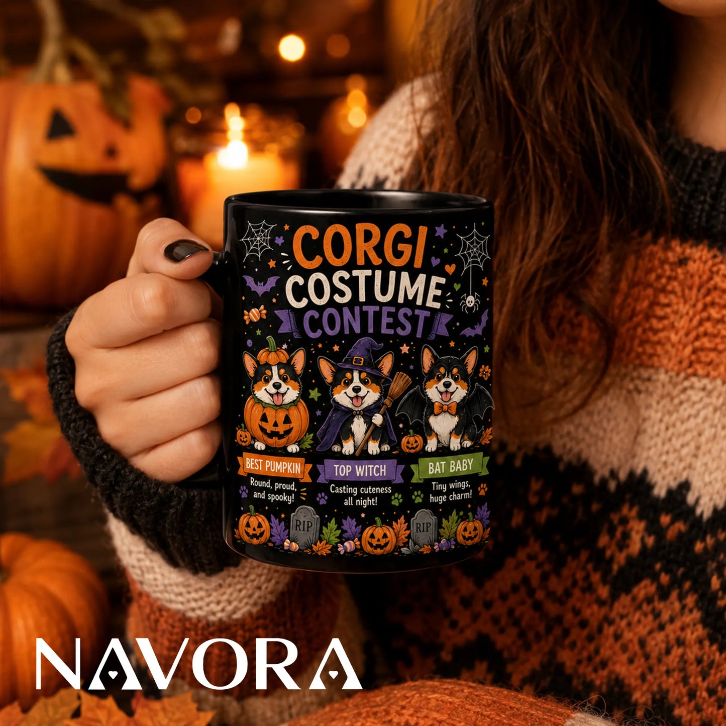 Black Corgi Halloween mug with pumpkin, witch, and bat costume contest design