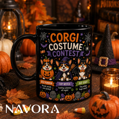 Black Corgi Halloween mug with pumpkin, witch, and bat costume contest design