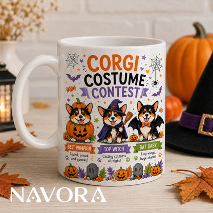 Black Corgi Halloween mug with pumpkin, witch, and bat costume contest design