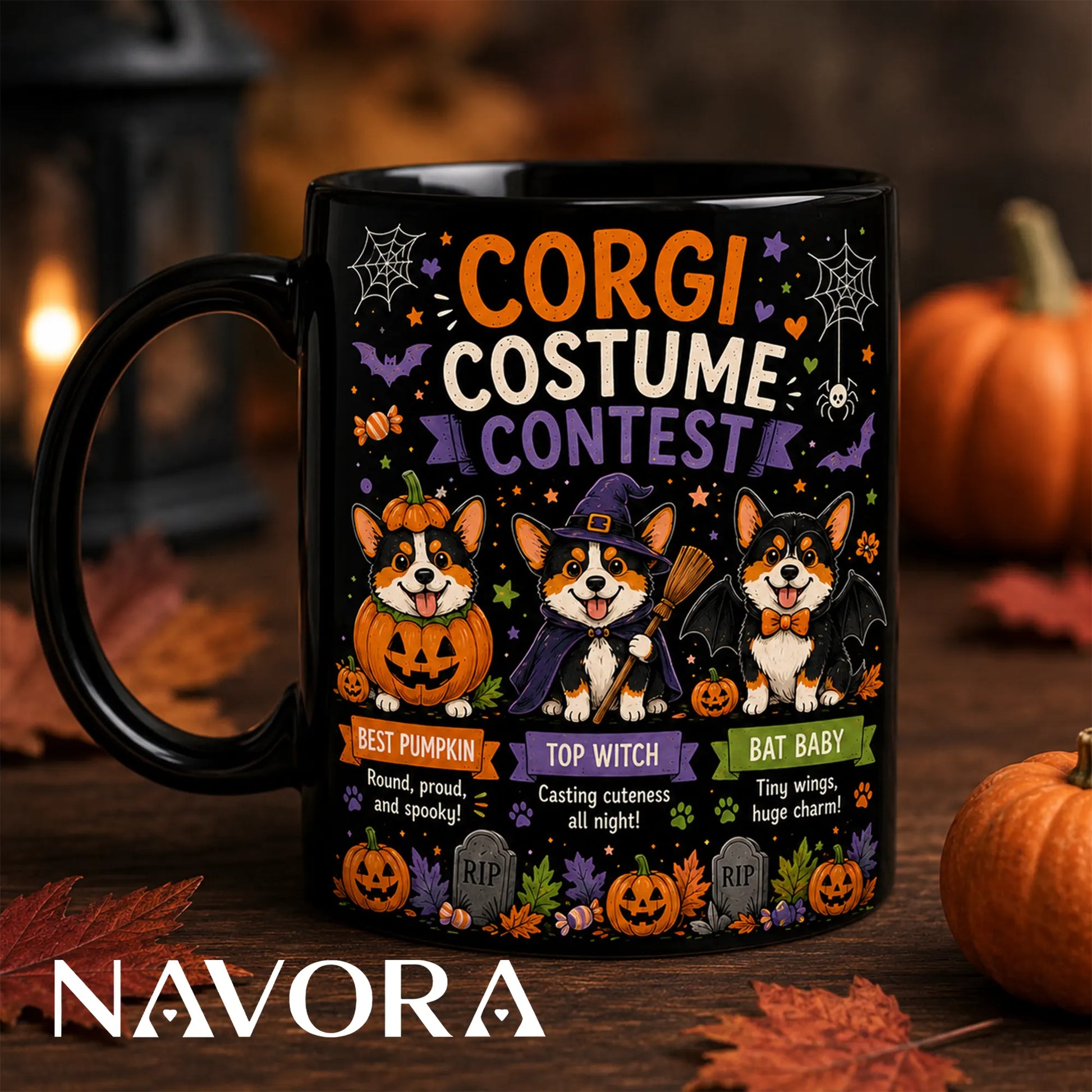 Black Corgi Halloween mug with pumpkin, witch, and bat costume contest design