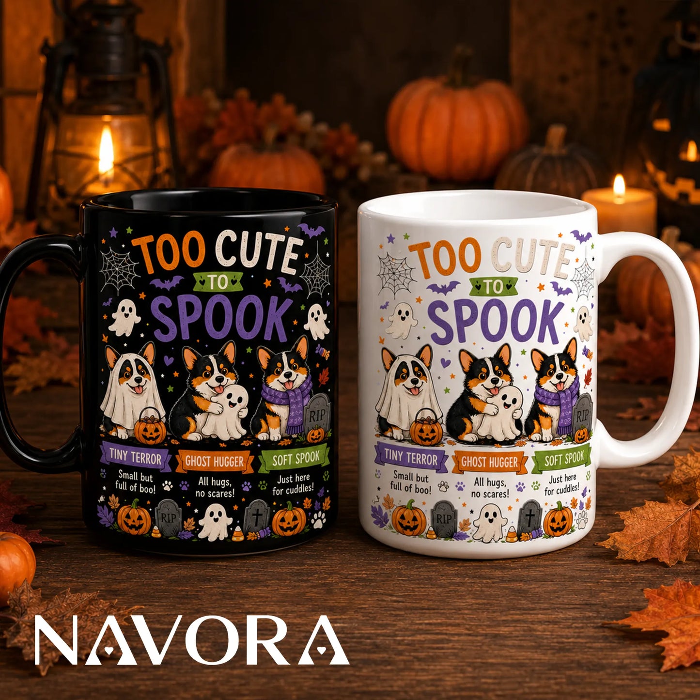 Black Corgi Halloween mug with Too Cute to Spook ghost and pumpkin design