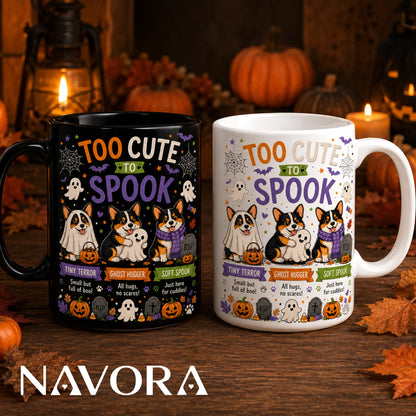 Black Corgi Halloween mug with Too Cute to Spook ghost and pumpkin design