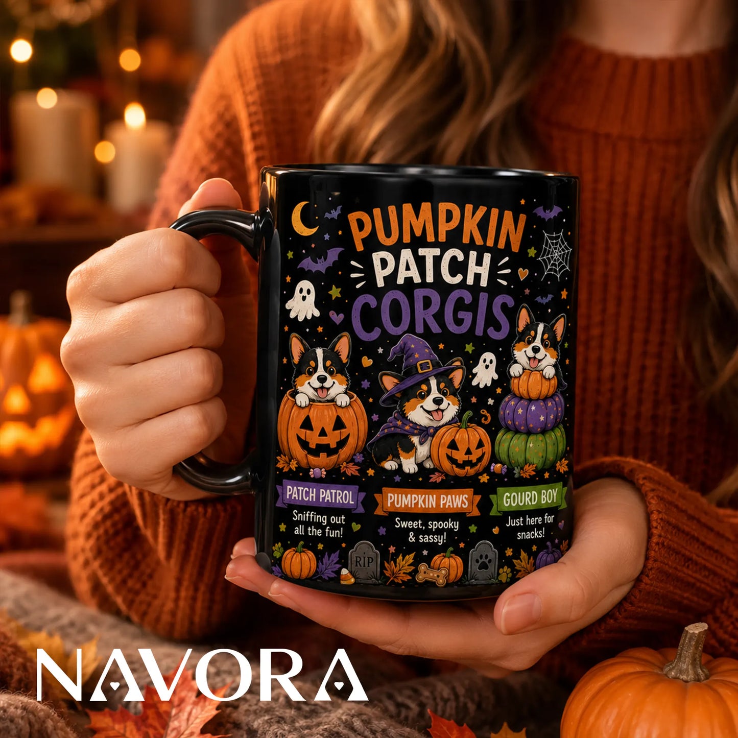 Black Corgi Halloween mug with pumpkin patch, witch hat, ghosts, and jack-o’-lantern design