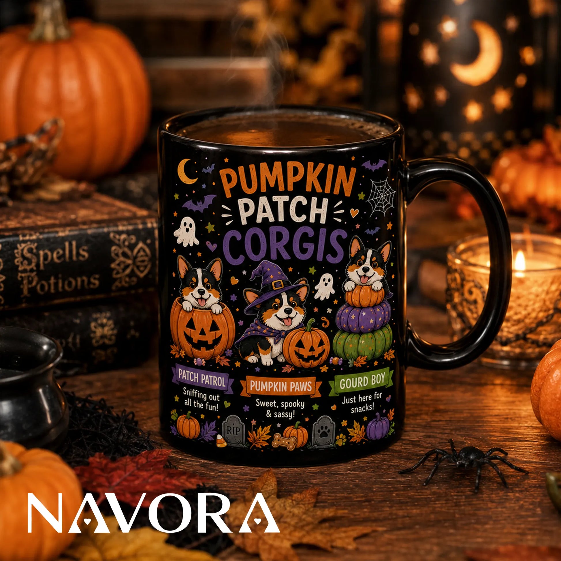 Black Corgi Halloween mug with pumpkin patch, witch hat, ghosts, and jack-o’-lantern design