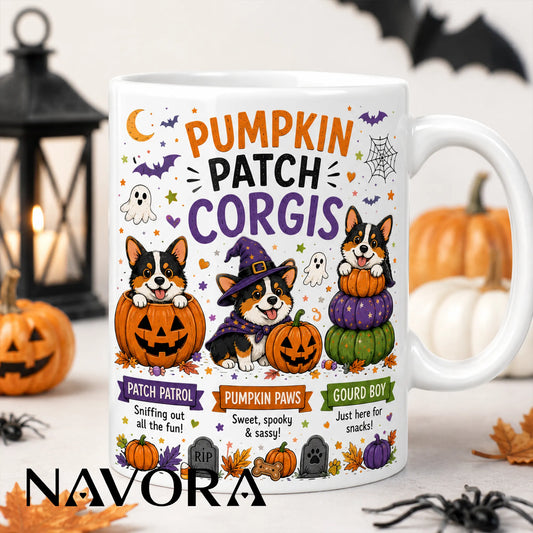 Black Corgi Halloween mug with pumpkin patch, witch hat, ghosts, and jack-o’-lantern design