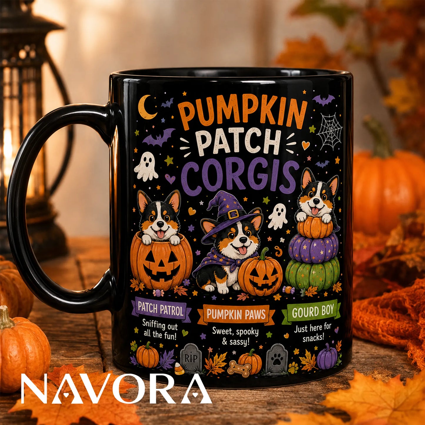 Black Corgi Halloween mug with pumpkin patch, witch hat, ghosts, and jack-o’-lantern design