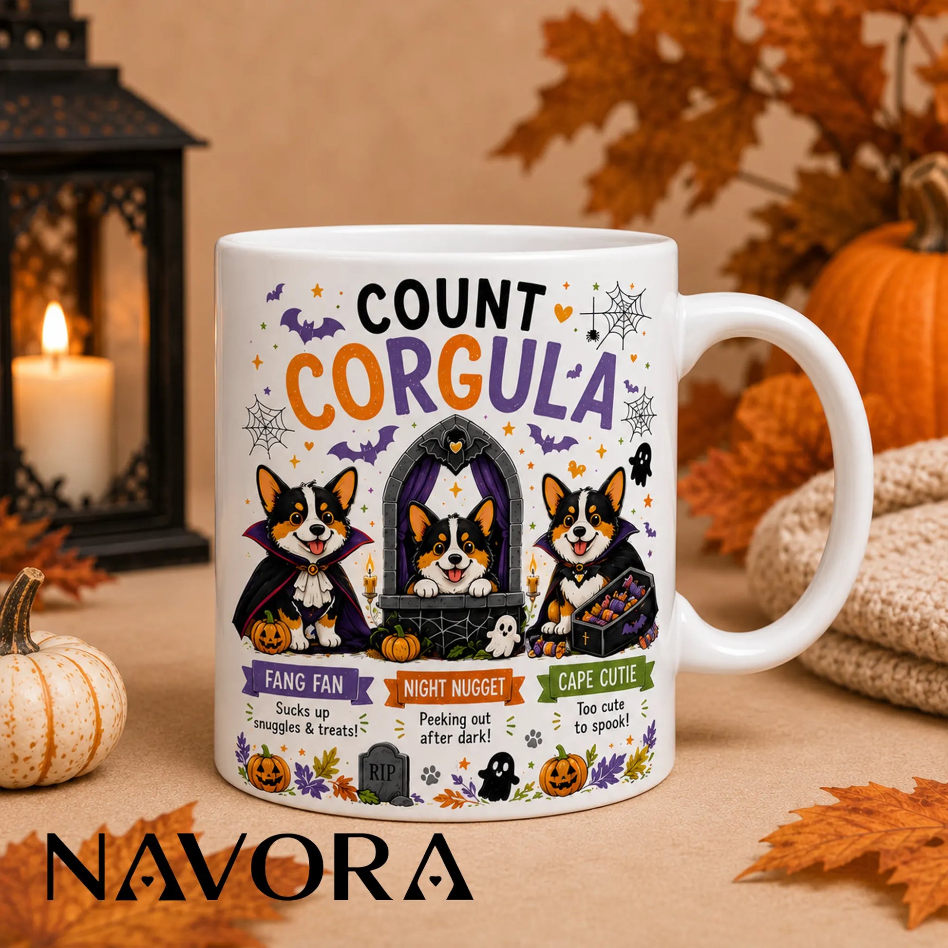 Black Count Corgula Halloween mug with three vampire Corgis, pumpkins, bats, ghosts, and Gothic castle design