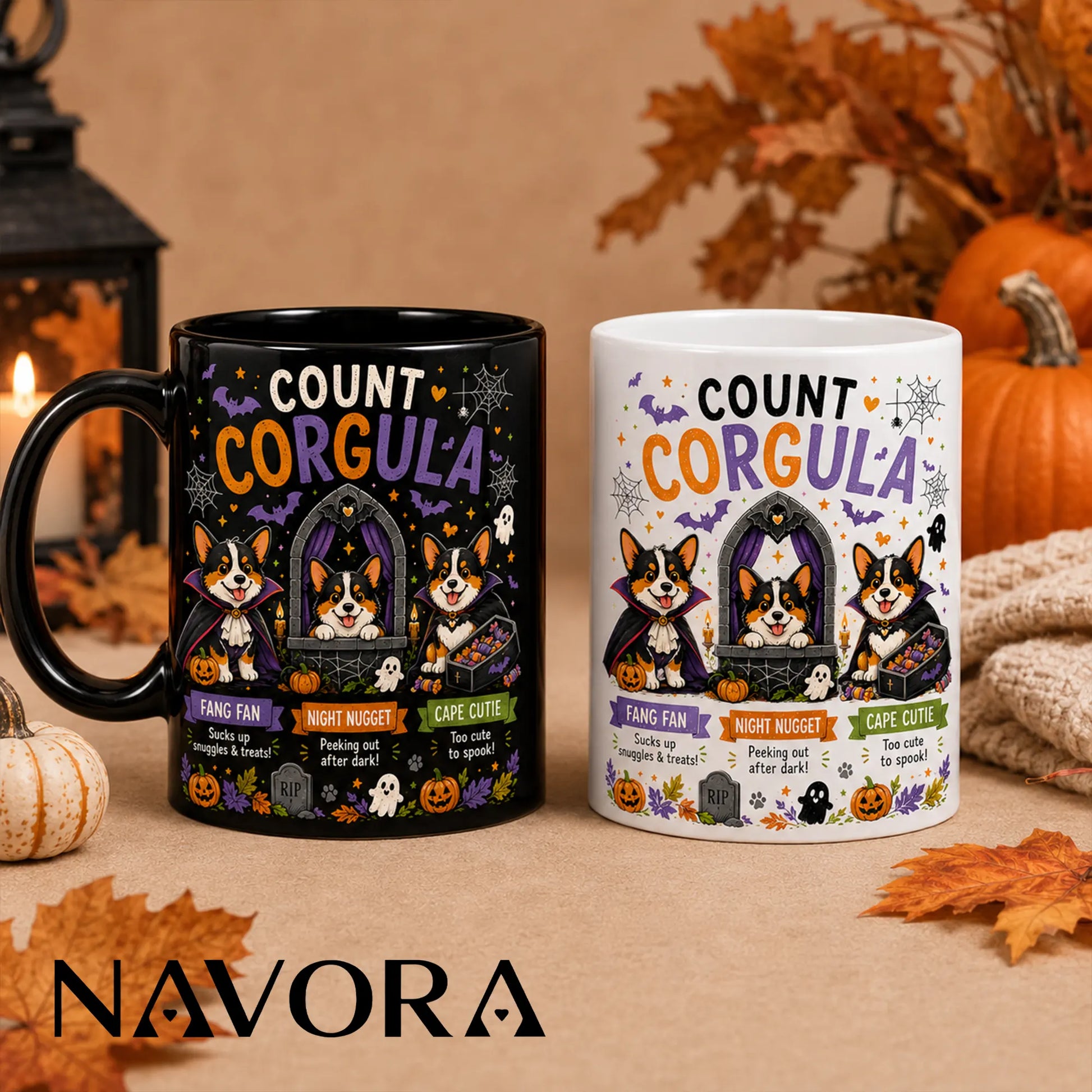 Black Count Corgula Halloween mug with three vampire Corgis, pumpkins, bats, ghosts, and Gothic castle design
