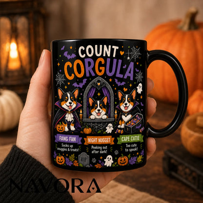 Black Count Corgula Halloween mug with three vampire Corgis, pumpkins, bats, ghosts, and Gothic castle design
