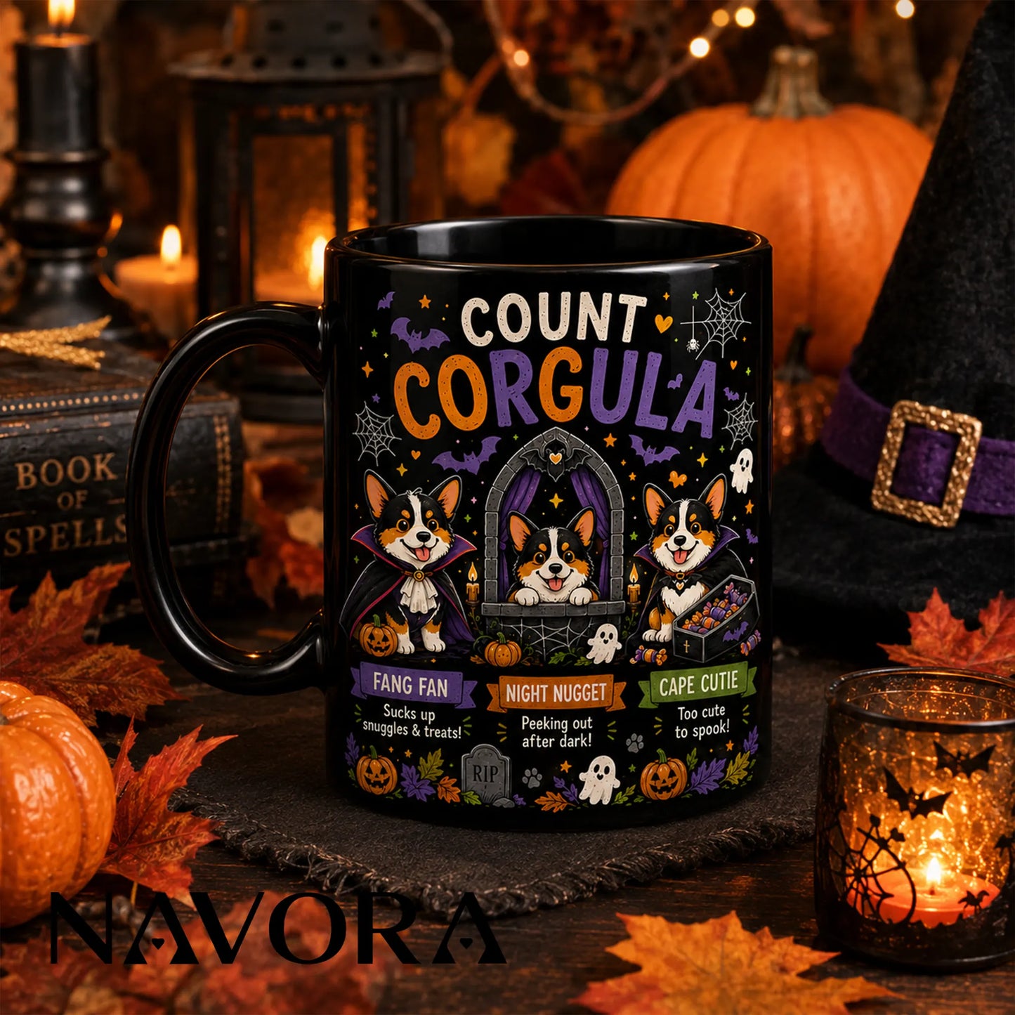 Black Count Corgula Halloween mug with three vampire Corgis, pumpkins, bats, ghosts, and Gothic castle design