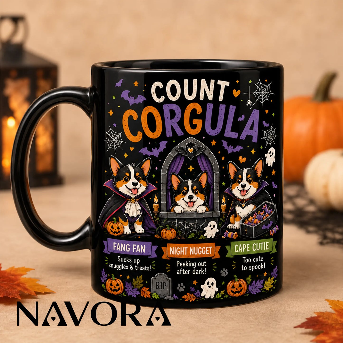Black Count Corgula Halloween mug with three vampire Corgis, pumpkins, bats, ghosts, and Gothic castle design