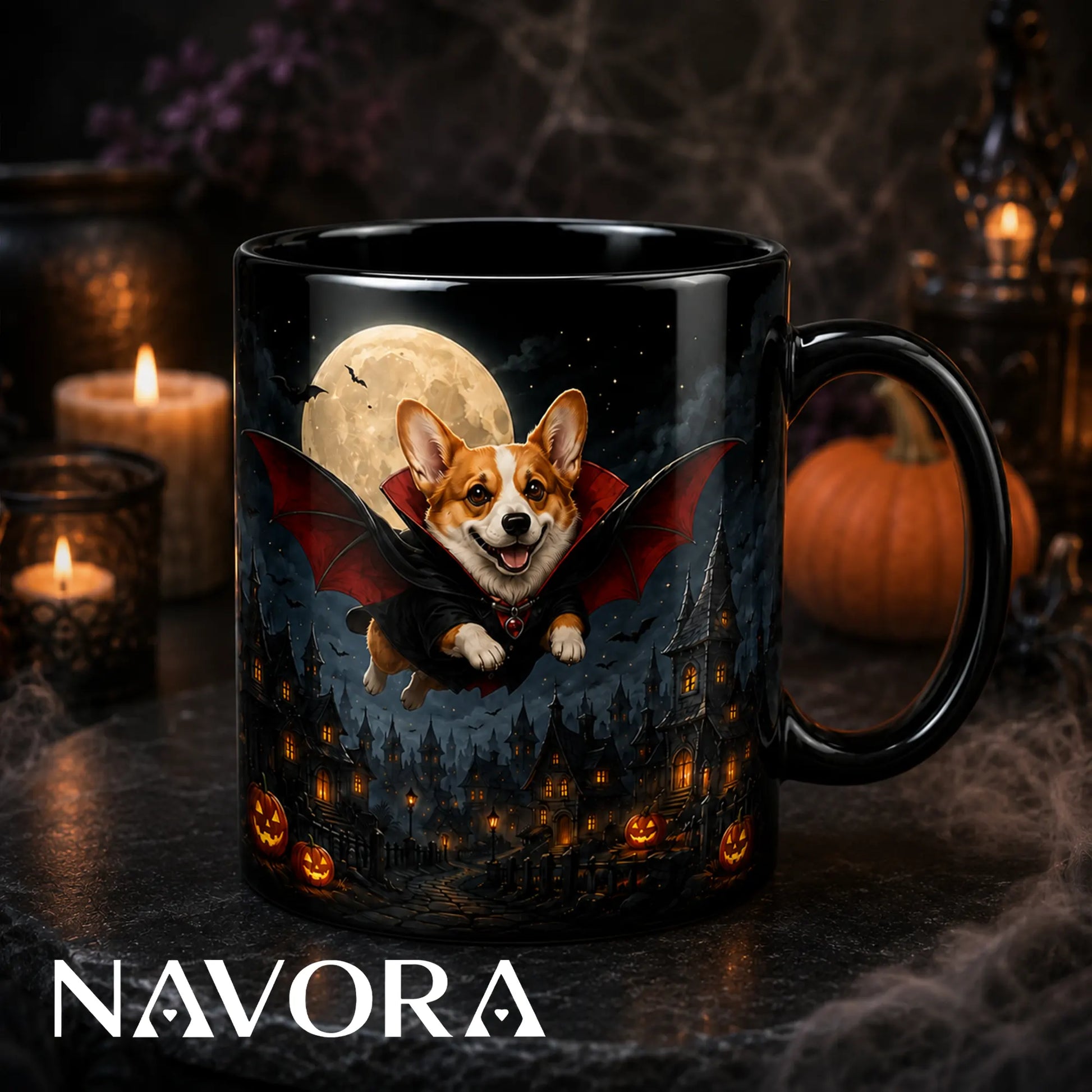 Black Flying Vampire Corgi Halloween mug with bat wings, full moon, haunted village, glowing pumpkins, and Gothic night artwork