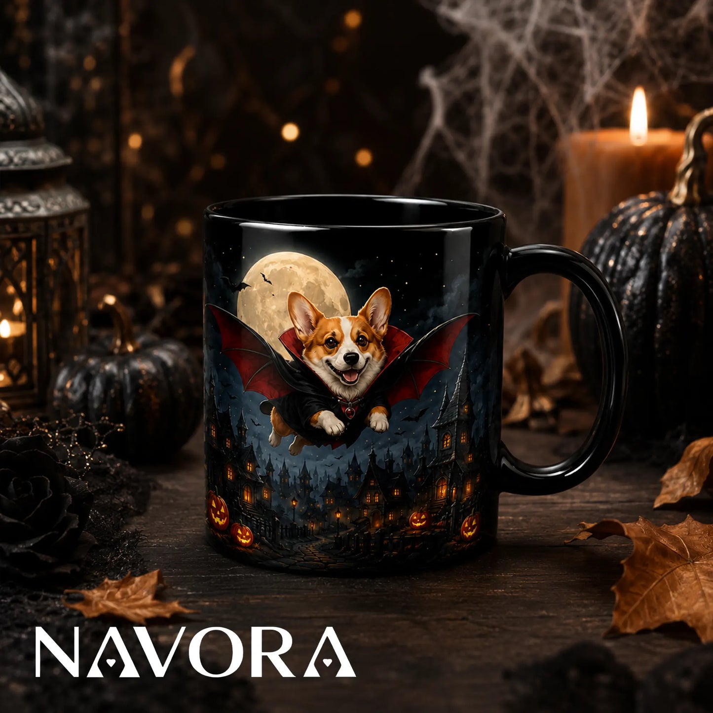 Black Flying Vampire Corgi Halloween mug with bat wings, full moon, haunted village, glowing pumpkins, and Gothic night artwork