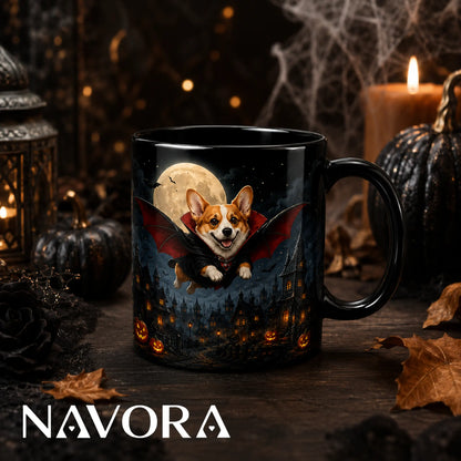 Black Flying Vampire Corgi Halloween mug with bat wings, full moon, haunted village, glowing pumpkins, and Gothic night artwork