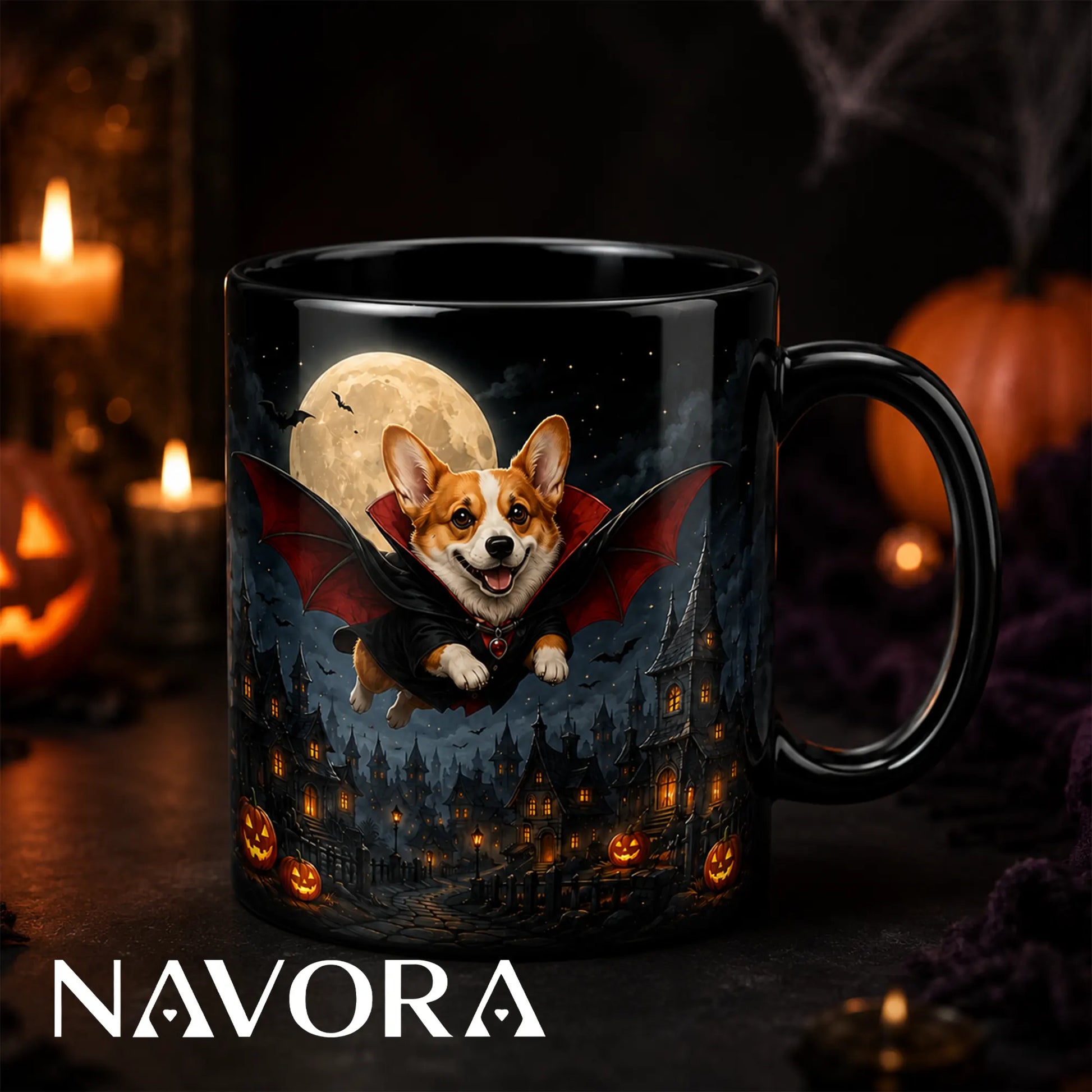 Black Flying Vampire Corgi Halloween mug with bat wings, full moon, haunted village, glowing pumpkins, and Gothic night artwork