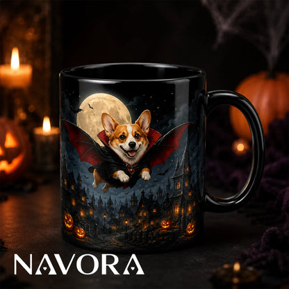 Black Flying Vampire Corgi Halloween mug with bat wings, full moon, haunted village, glowing pumpkins, and Gothic night artwork