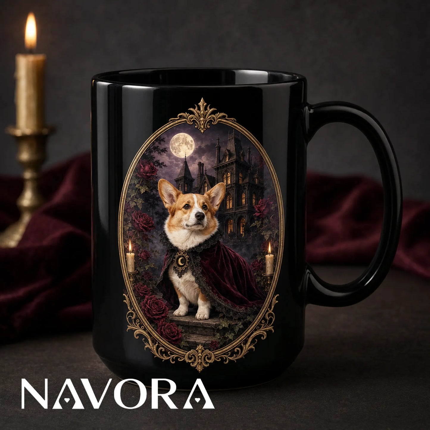 Black Gothic Corgi Halloween mug with haunted mansion, full moon, candles, red roses, and ornate gold frame