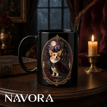 Black Gothic Corgi Halloween mug with haunted mansion, full moon, candles, red roses, and ornate gold frame