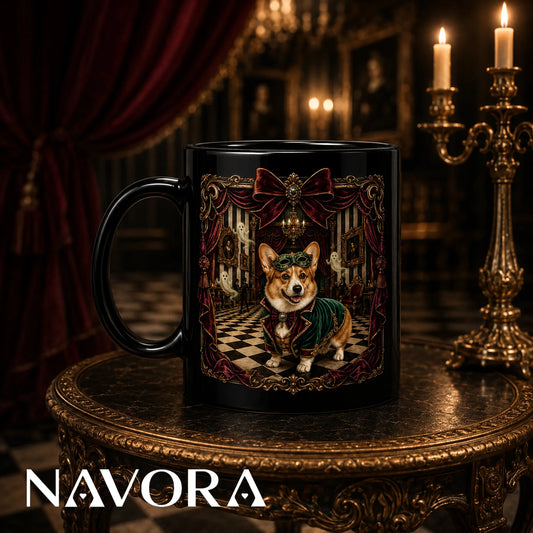 Black Gothic Masquerade Corgi mug with emerald velvet costume, burgundy bow, ghosts, chandelier, and Victorian ballroom